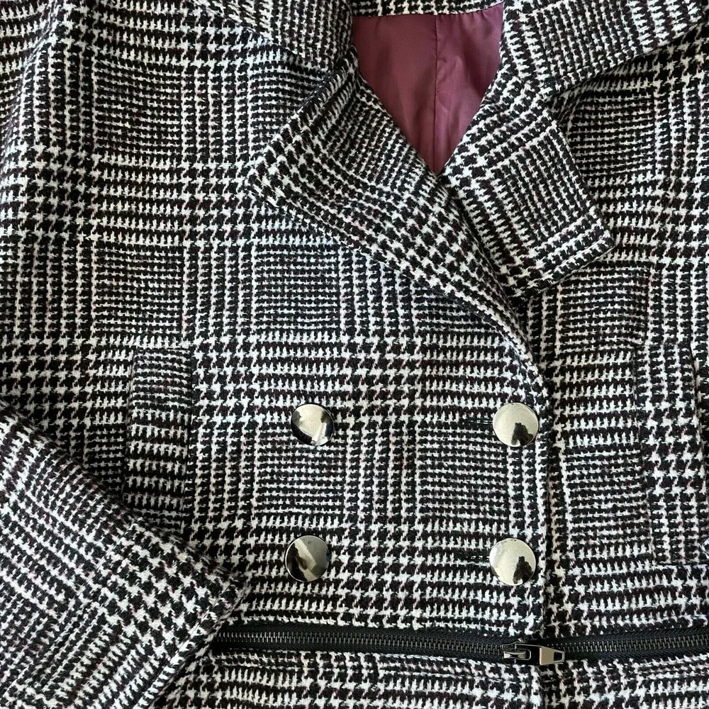 Maroon Black White Womens Wool Jacket Coat Plaid Houndstooth Double-Breasted M